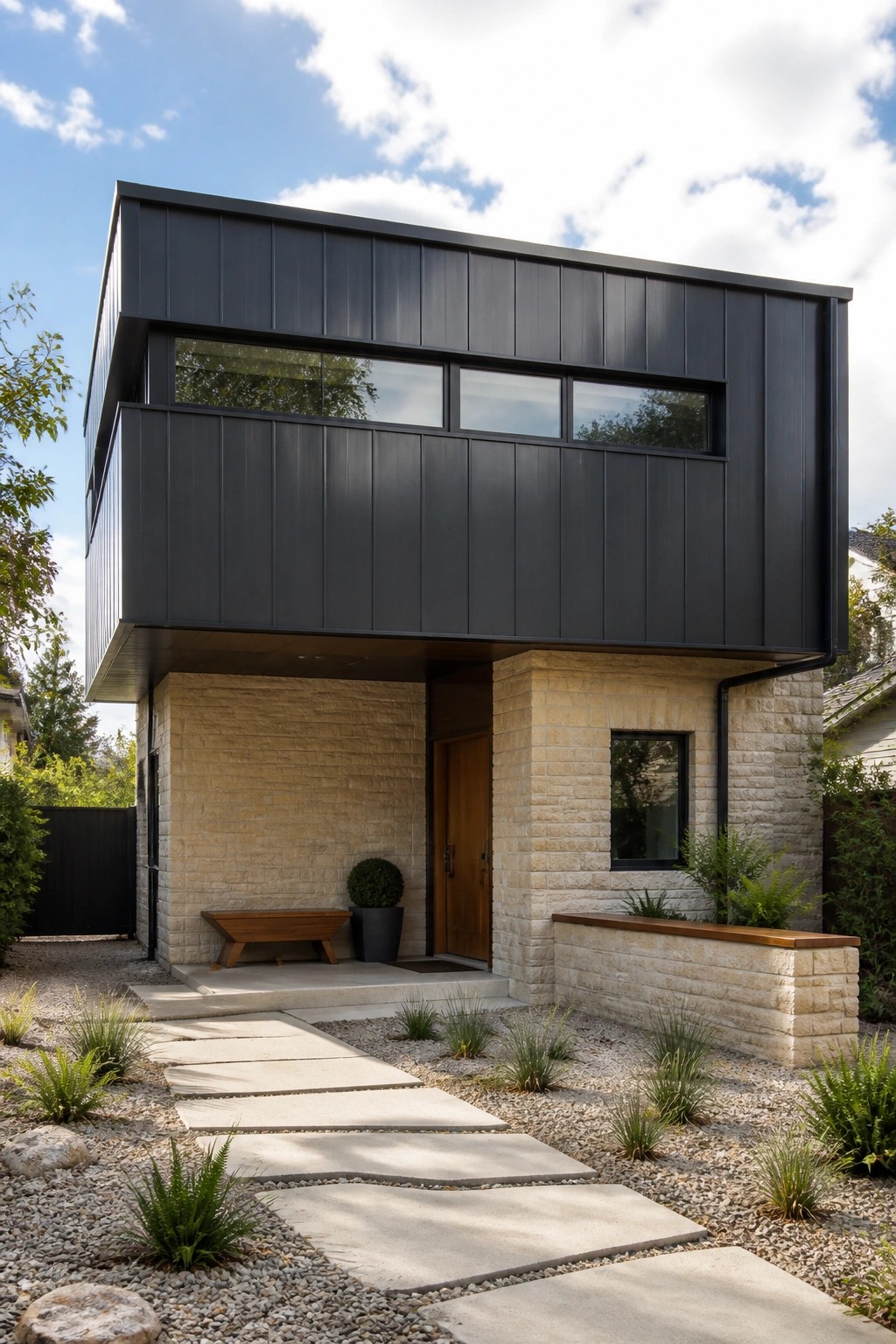 Modern black-clad house with stone base, wooden door, and stone pathway on gravel.