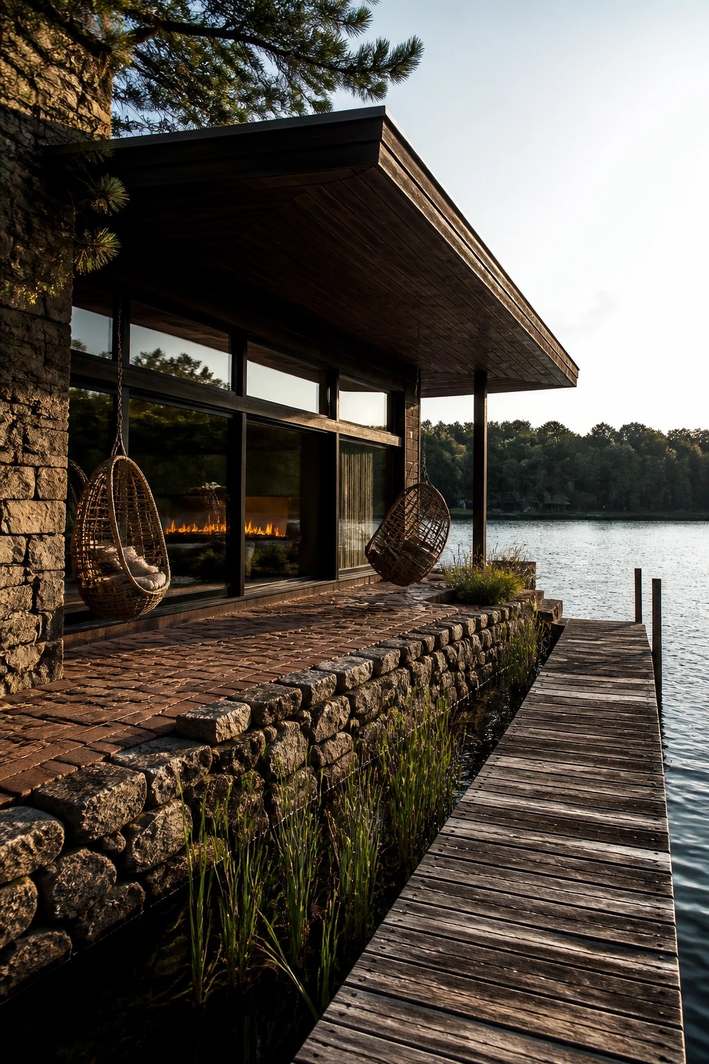 A modern house with a wide dark overhang covers two hanging wicker chairs on a brick patio next to a lake and wooden dock.