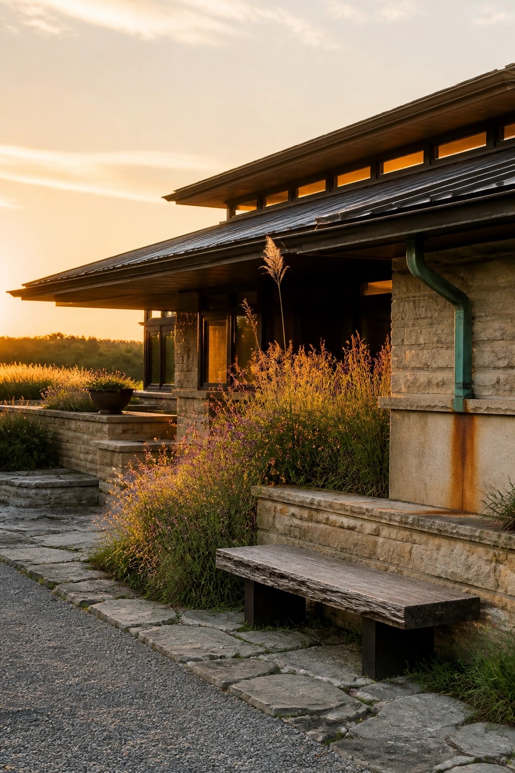 A low stone house with a wide metal roof overhang, glowing windows, a wooden bench, and plants along the front at sunset.