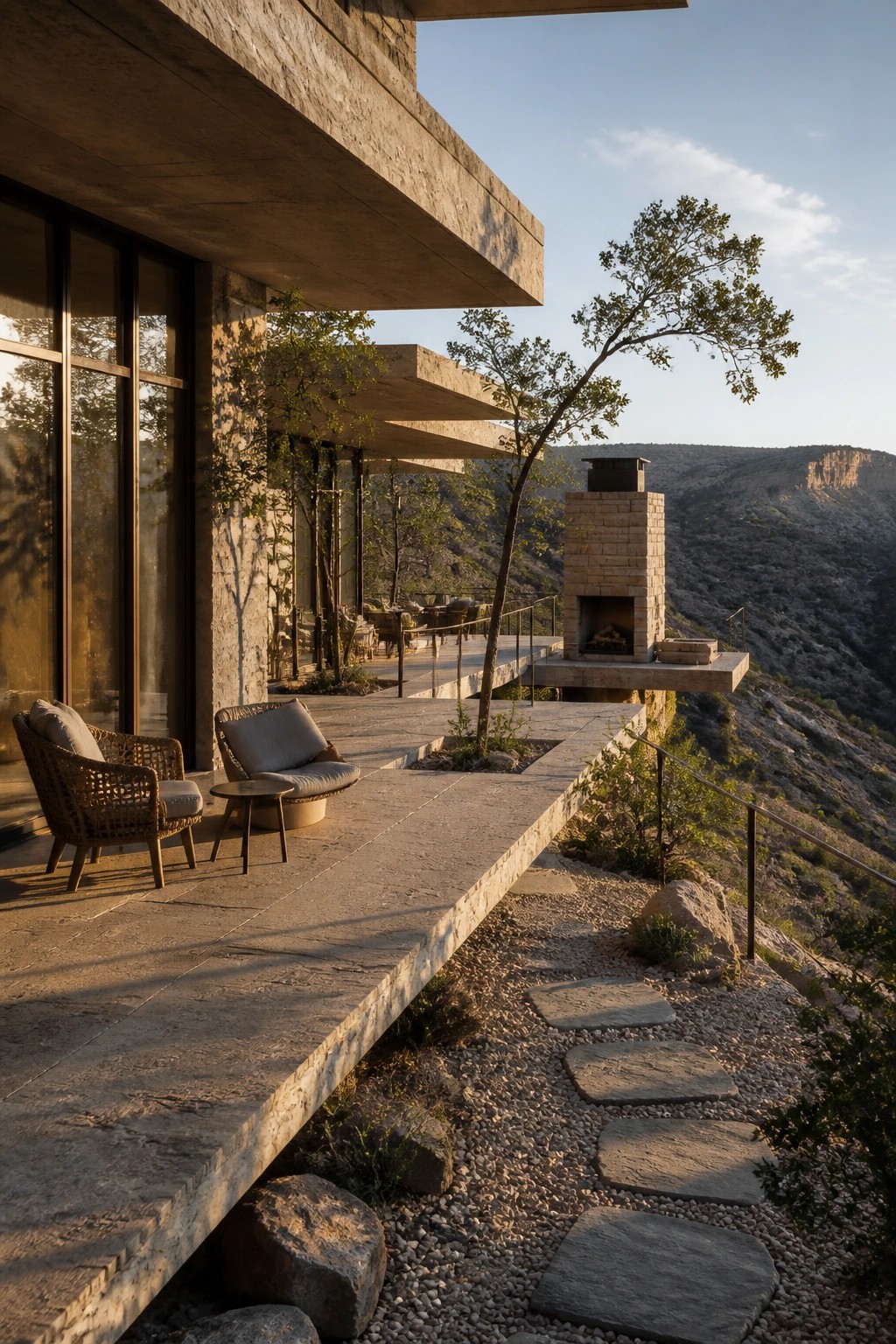 A concrete house with a wide cantilevered overhang above a stone patio that holds two woven chairs, a small table, and a built-in fireplace overlooking a dry hillside.
