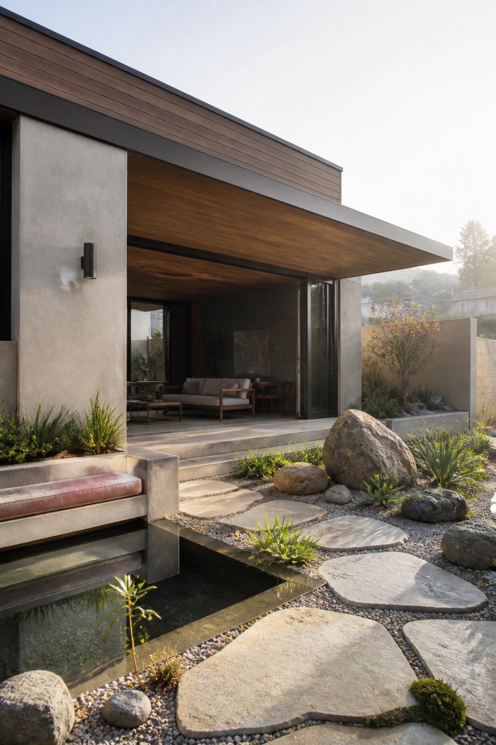 Modern house exterior with a large dark wood overhang, concrete walls, stone stepping path, large rocks, and a small water feature in the foreground.