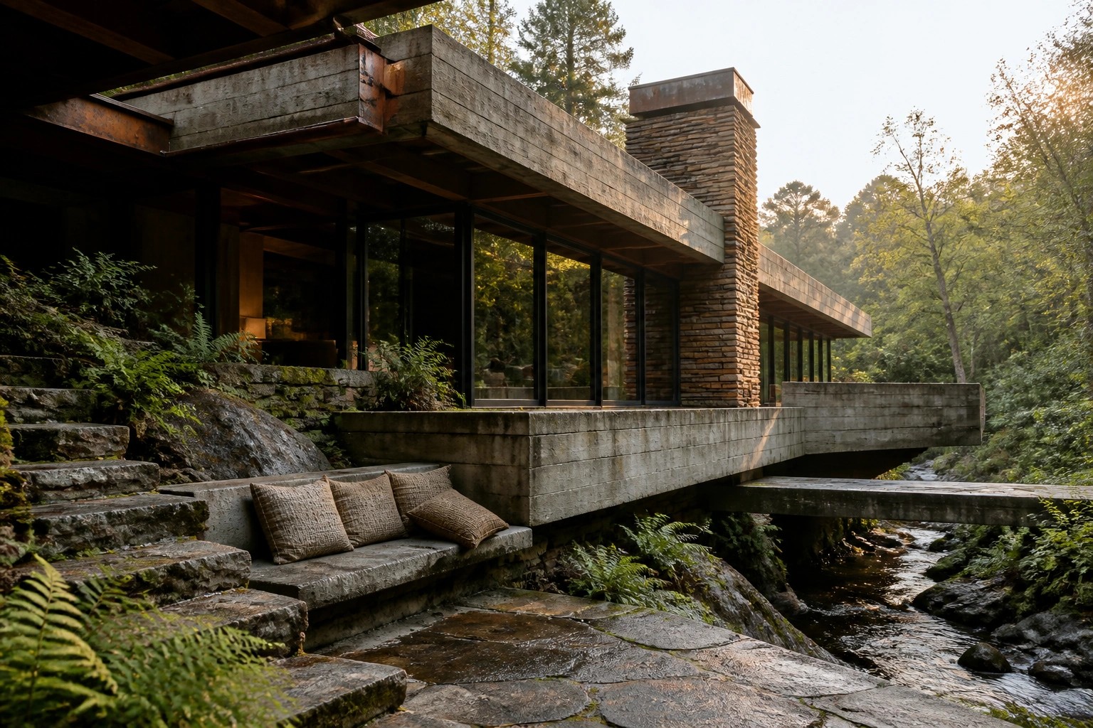 A modern house with a large cantilevered concrete overhang extending over a flowing stream, supported by stone walls and large windows facing the woods.