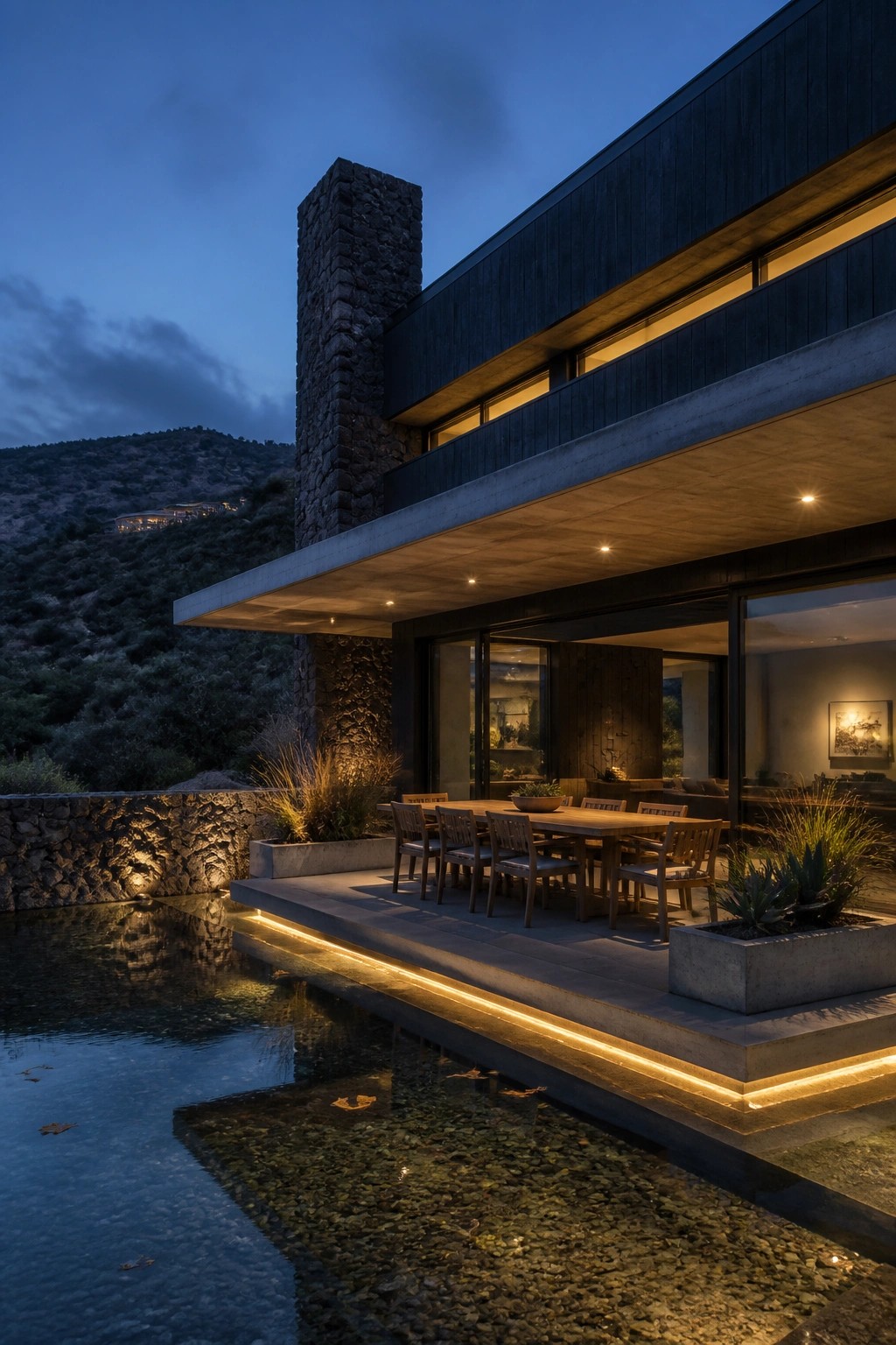 Modern house with outdoor dining patio beside illuminated reflecting pool at dusk