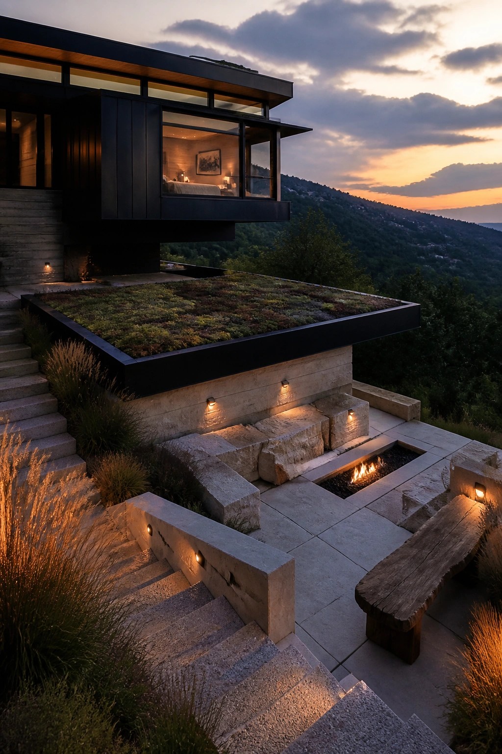 Modern house with large black cantilevered overhang above a planted terrace, stone steps, and an outdoor fire pit with seating at dusk.