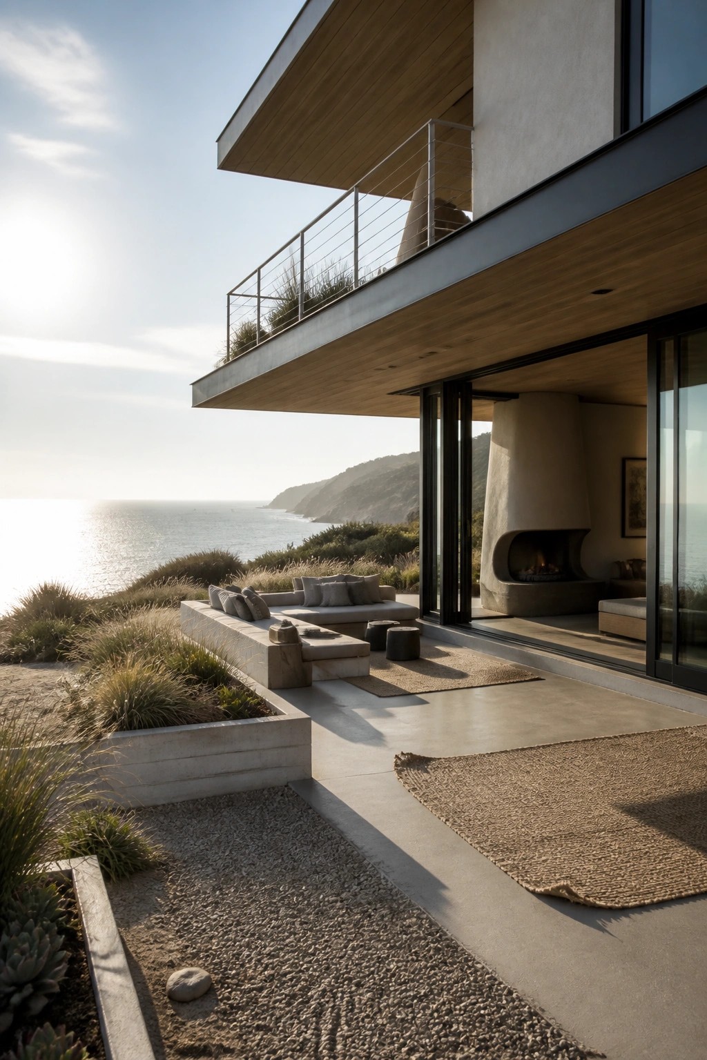 Modern cliffside home with ocean-view patio, fireplace, rugs, and sunset.