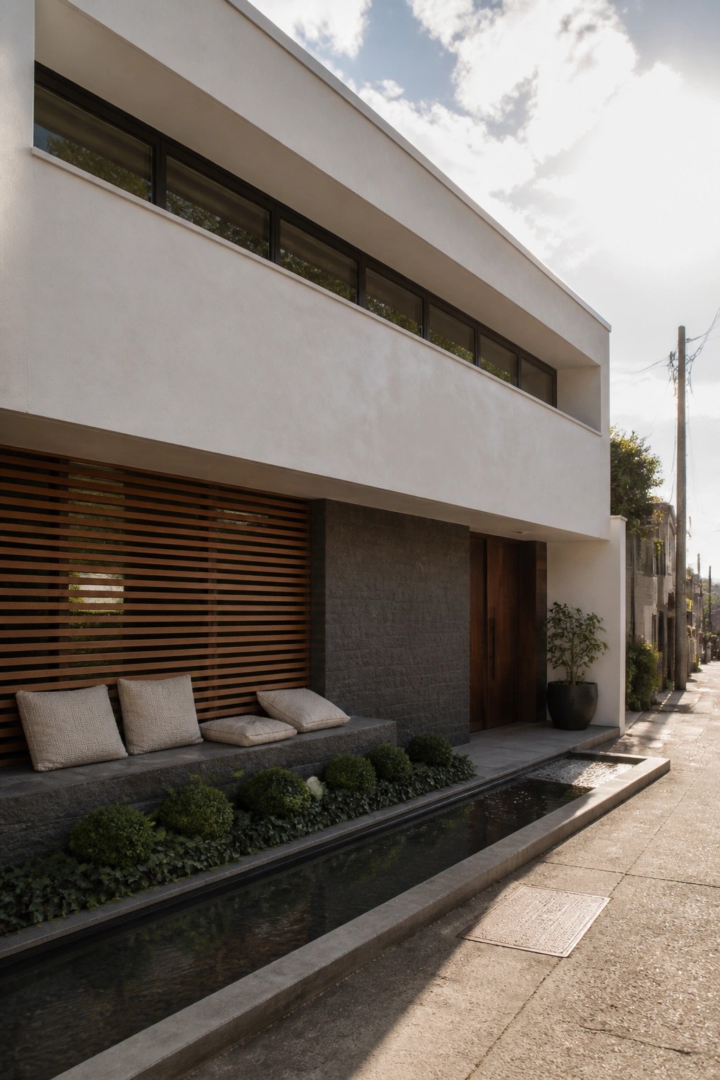 Modern white house with wooden slats, cushions, stone bench, and water feature.