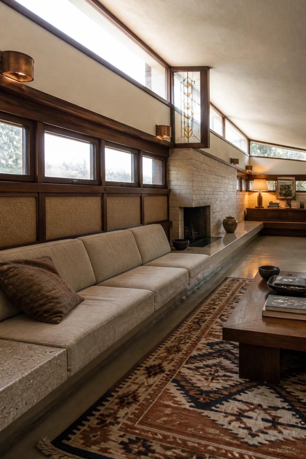 A long built-in sofa with beige fabric sits beneath a row of windows beside a stone fireplace in a wood-trimmed living room with a patterned rug and low wooden table.