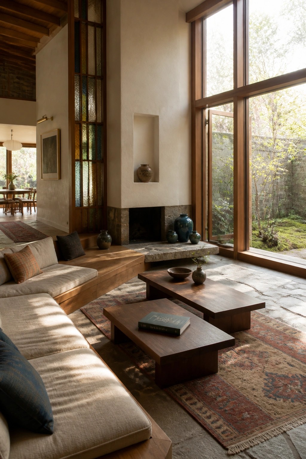 A living room interior with long built-in wooden seating, a stone fireplace with niche, large windows, and patterned rugs on a stone floor.