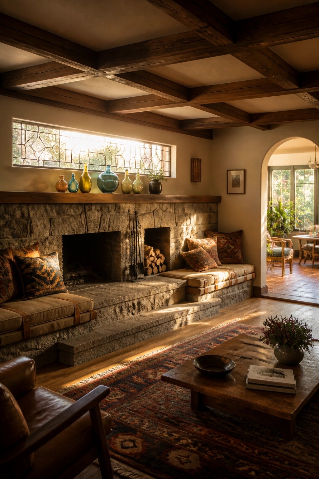 Interior view of a living room with a large stone fireplace, built-in cushioned seating along the hearth, wooden ceiling beams, and a long stained glass window above the mantel.