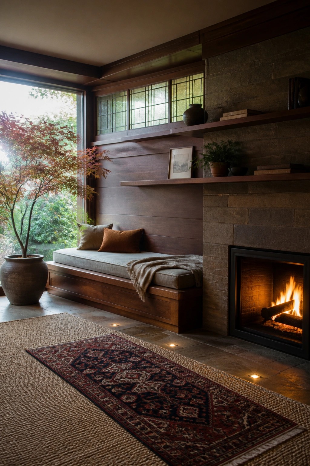 Interior view of a living room with a wooden built-in bench under a large window beside a stone fireplace with a lit fire.