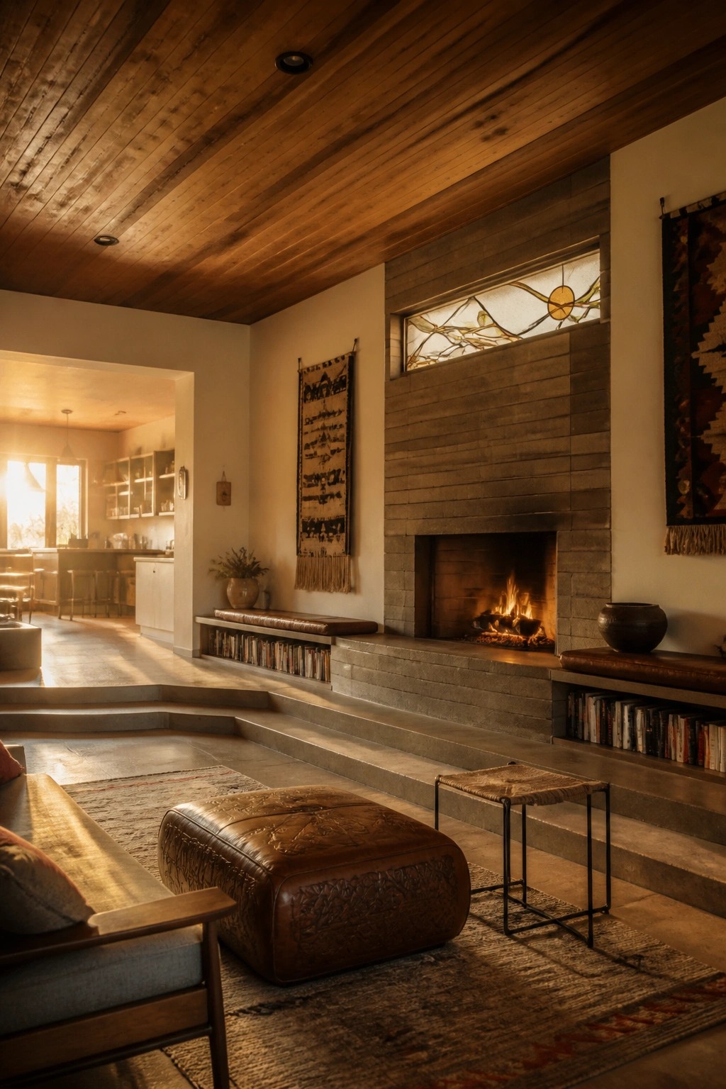A living room featuring a large stone fireplace with built-in bench seating and storage below, a leather ottoman on a rug, and wooden ceiling beams.