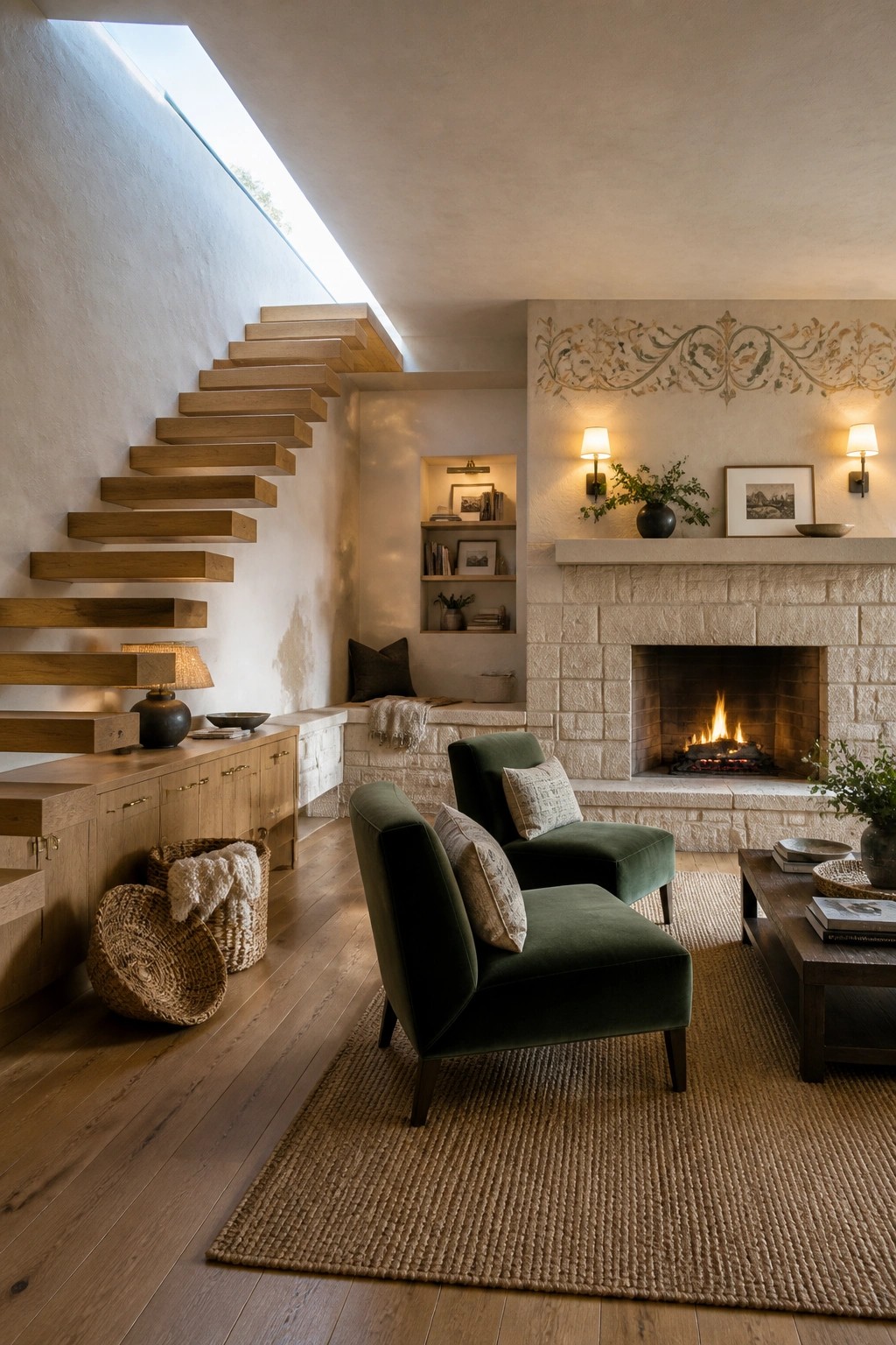 A living room with green armchairs on a woven rug, a stone fireplace, wooden floating stairs, and recessed built-in shelves holding books and small items.