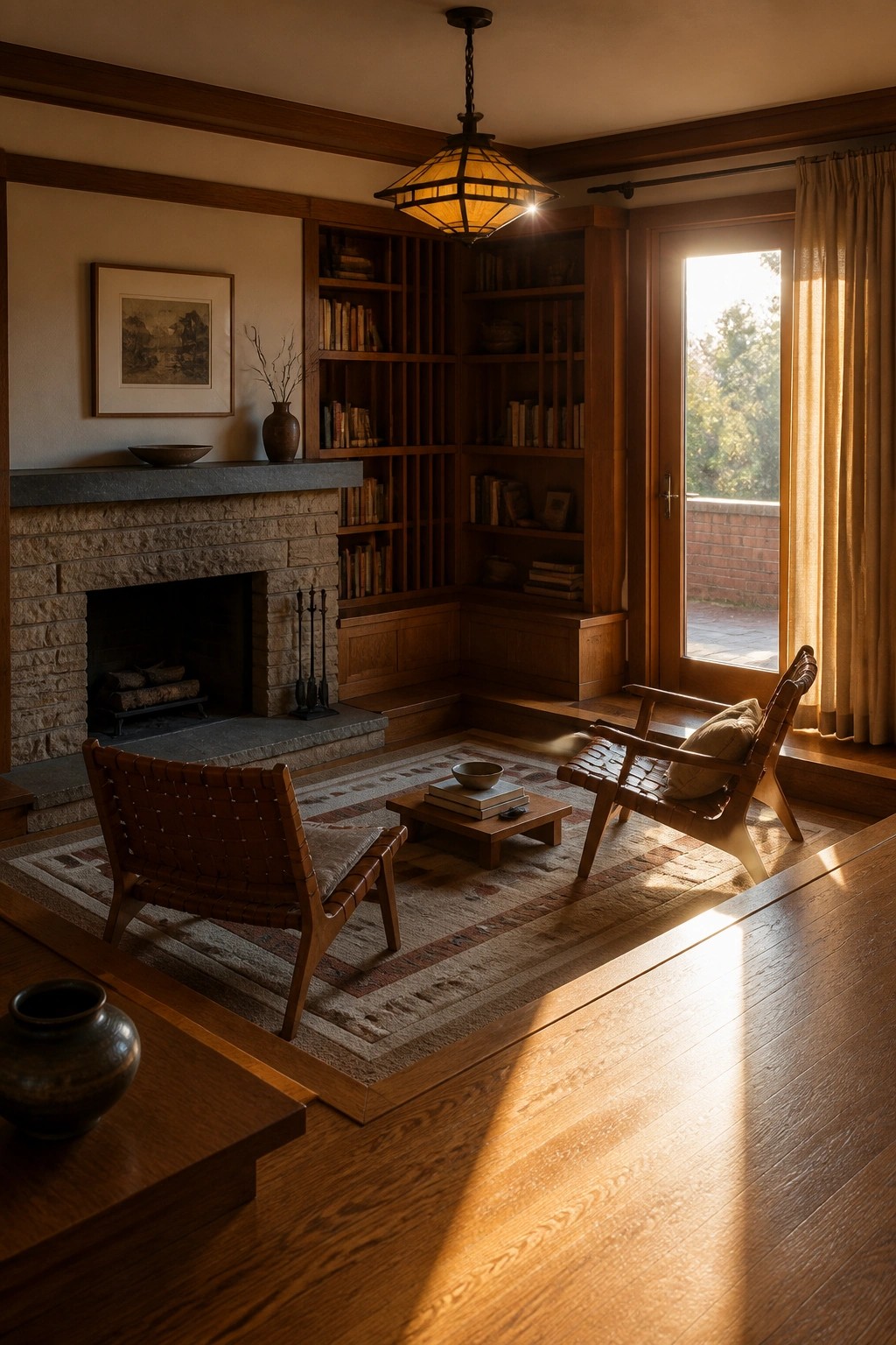 A living room with a stone fireplace, built-in wooden bookshelves in the corner, two leather and wood chairs on a patterned rug, a low table, and sunlight coming through a glass door on the right.