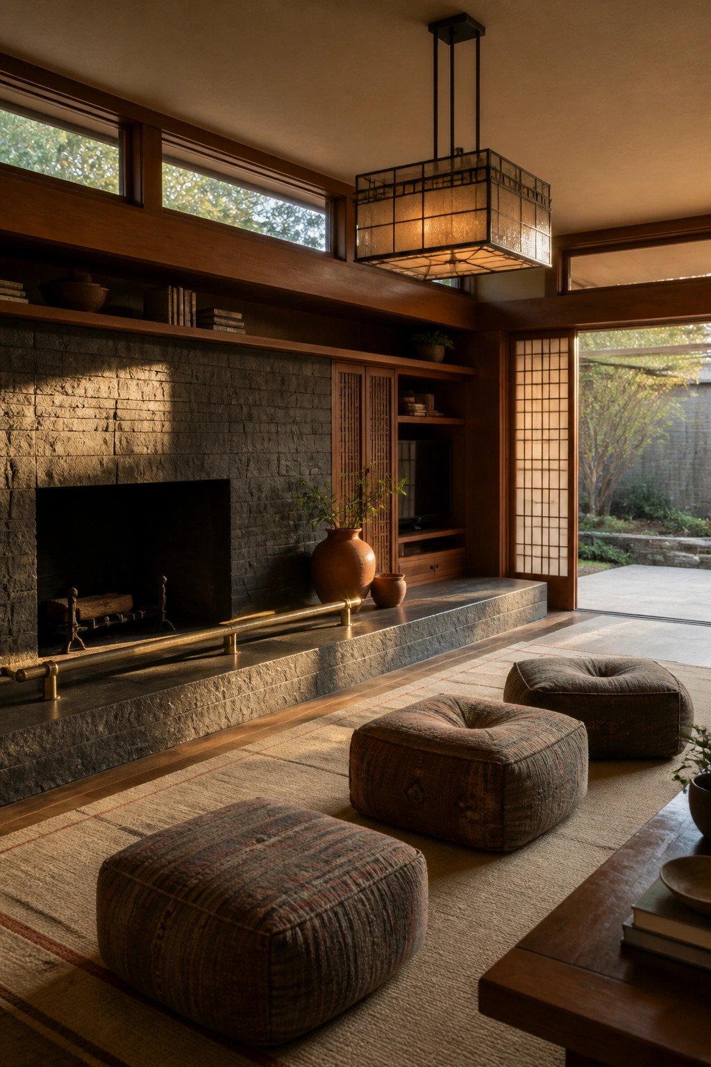 A living room interior showing a stone fireplace with integrated wooden built-in shelves and cabinets, low woven floor cushions on a rug, and a large hanging lantern.