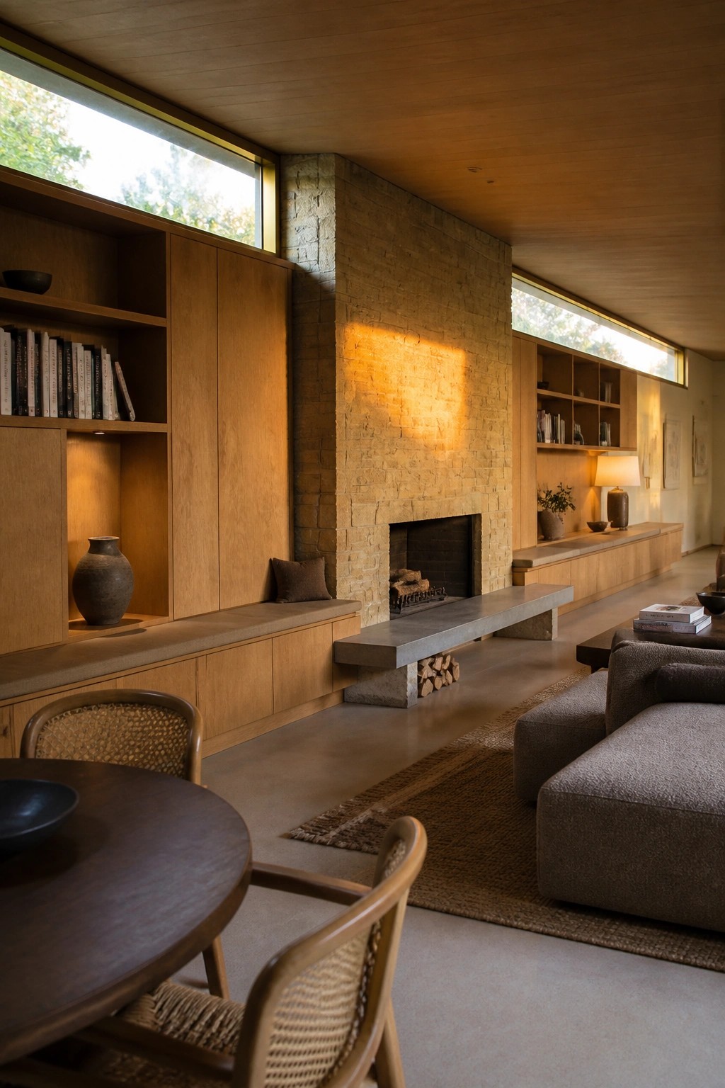 Interior view of a living room with a large stone fireplace, integrated wooden built-in shelves and cabinetry, a concrete bench extension, woven chairs at a round table, and a sectional sofa on a woven rug.