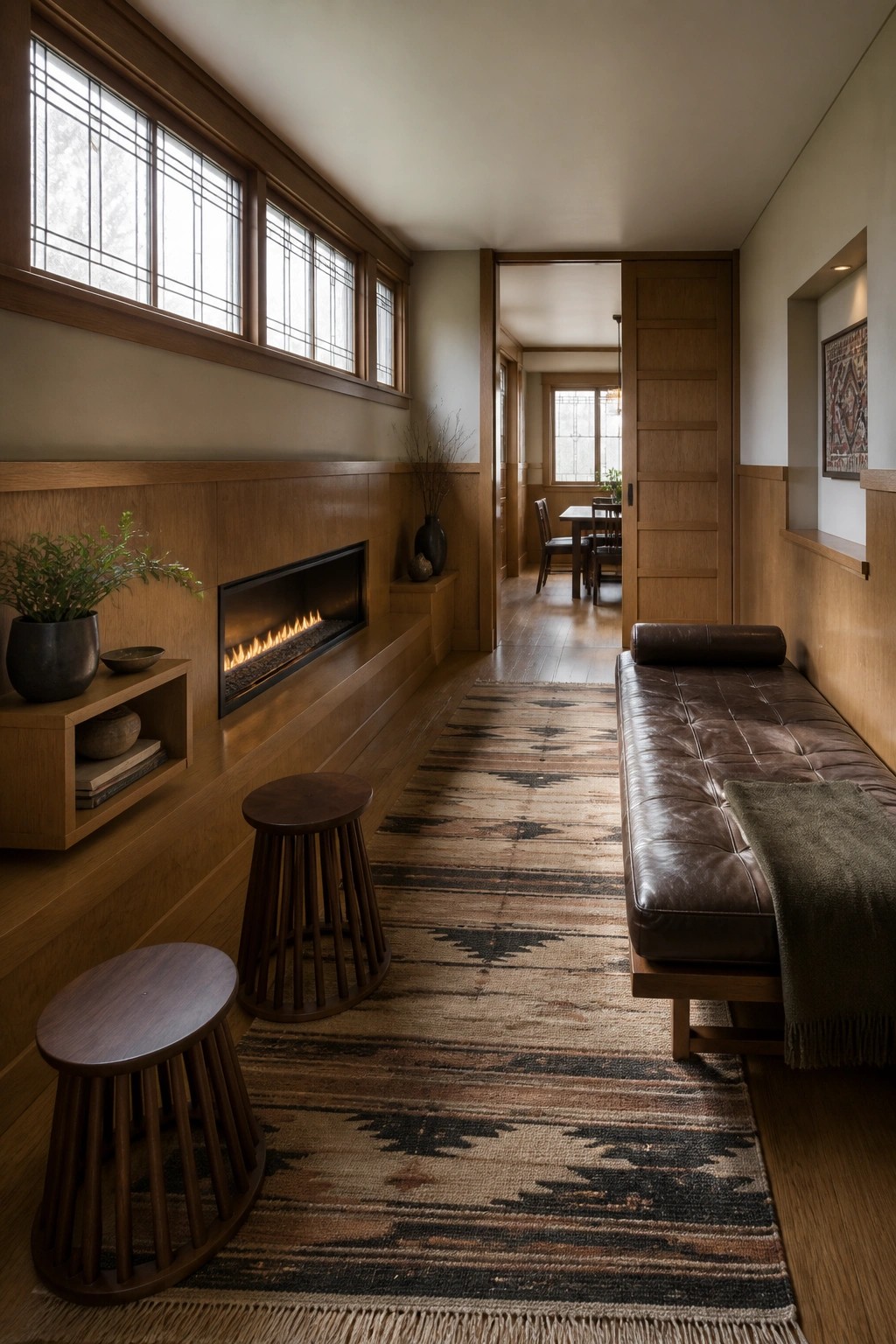 Rustic hallway with fireplace, leather bench, patterned rug, wooden stools, and windows.