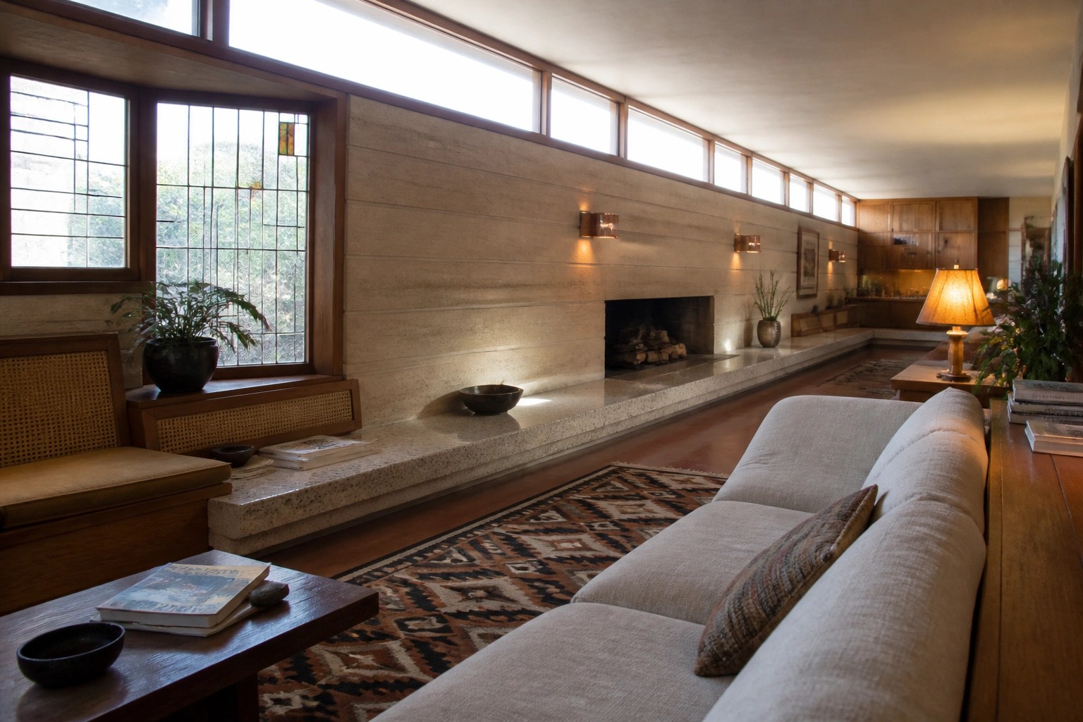 A long built-in sofa with beige fabric sits beneath a row of windows beside a stone fireplace in a wood-trimmed living room with a patterned rug and low wooden table.