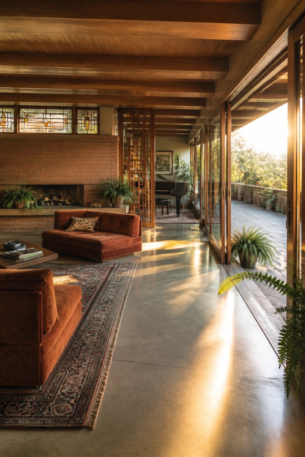 A living room with a rust-colored sectional sofa, brick fireplace, wooden ceiling beams, and large glass sliding doors opening to a concrete patio with potted plants.