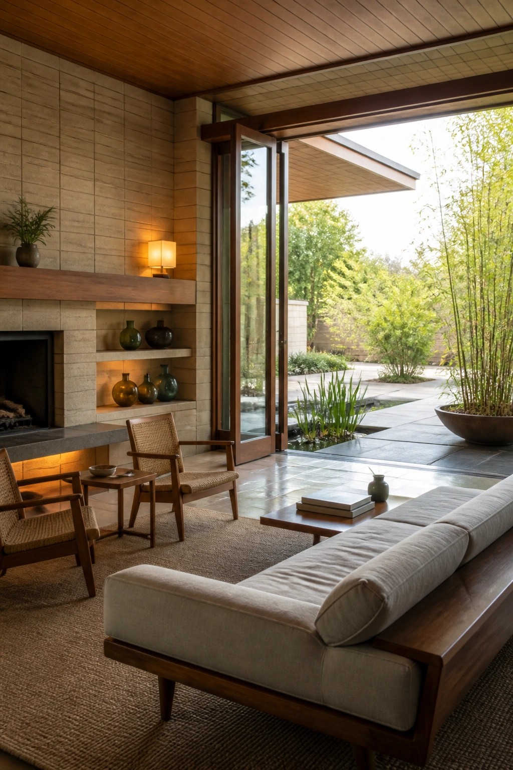 Interior living room with large open glass doors, wooden ceiling, stone fireplace wall, woven chairs, and a light-colored sofa facing an outdoor garden area.