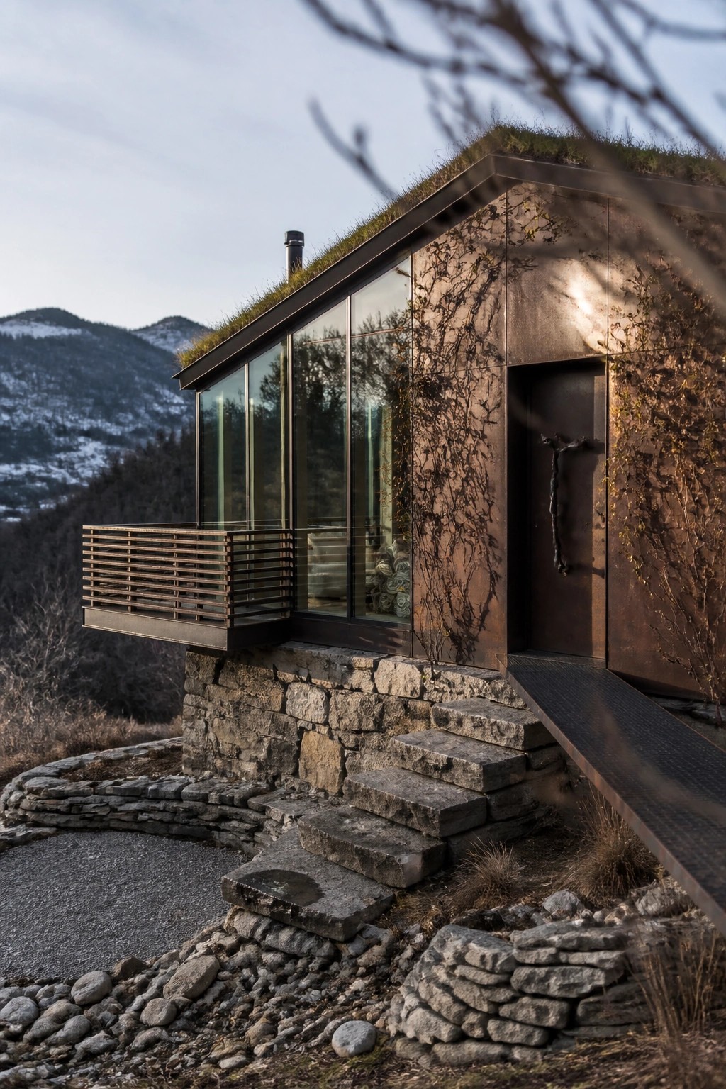 A contemporary mountain home exterior featuring a green roof, rusted metal siding, large windows, a cantilevered balcony, and a stone foundation with steps leading to the entrance.
