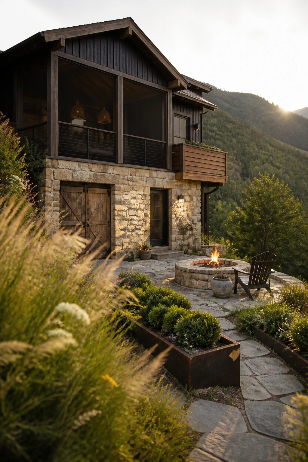 A mountain home exterior with stone and wood siding shows a flagstone patio holding a circular stone fire pit, a wooden chair, and surrounding plantings with forested hills in the background.