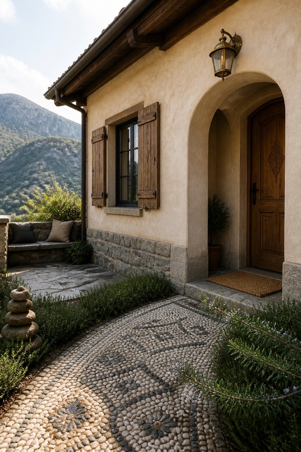 A stucco house exterior with a wooden door under a stone arch, a shuttered window, and a pebble path leading to the entrance.