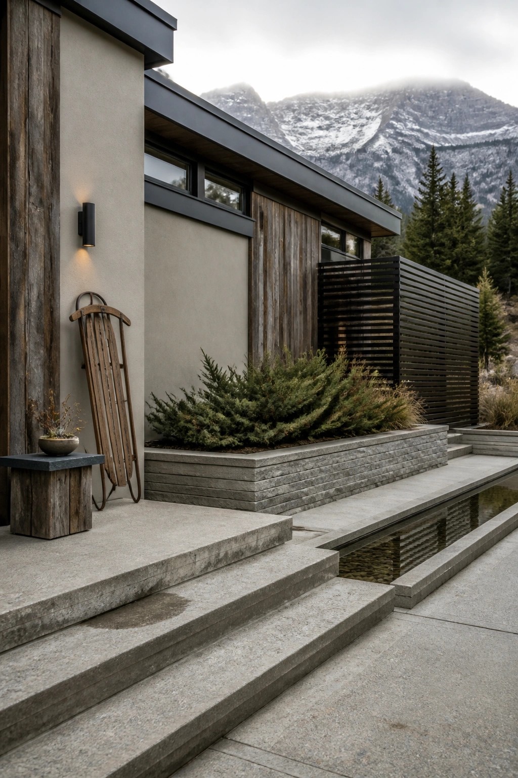 A contemporary mountain home exterior featuring concrete steps, a linear water feature, vertical wood siding, and a stucco wall with a wooden sled leaning against it.