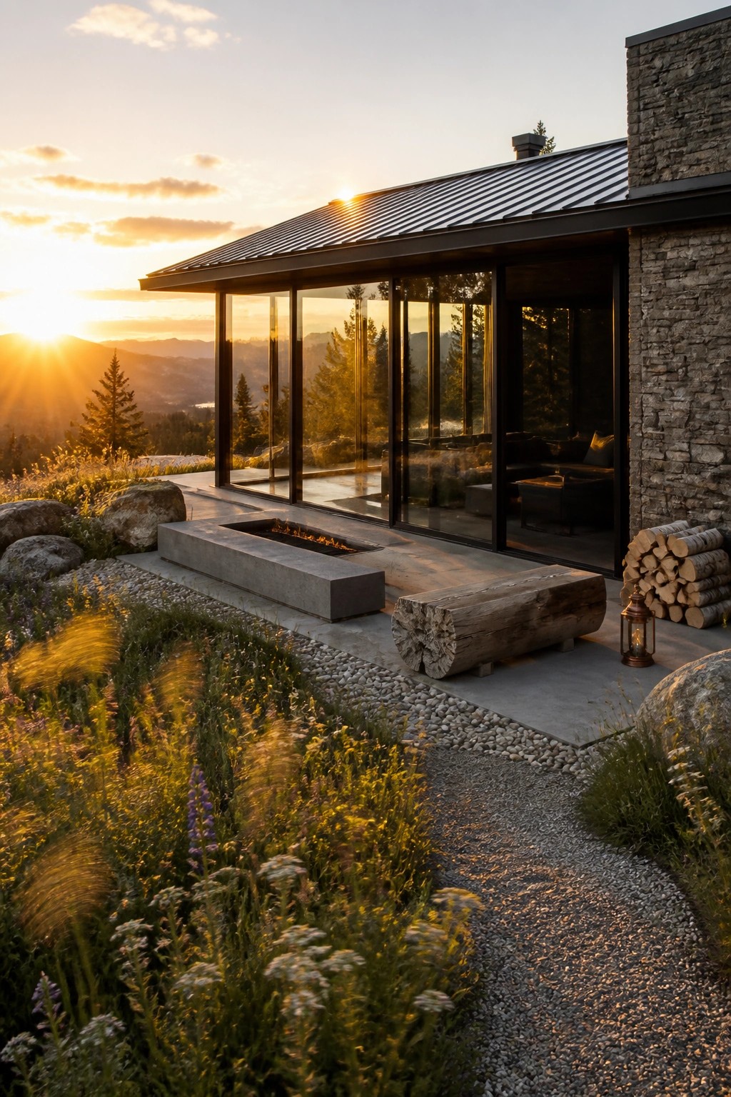 A contemporary mountain home exterior at sunset with large glass windows, a stone wall, concrete patio, built-in fire pit, gravel path, and wildflowers in the foreground.