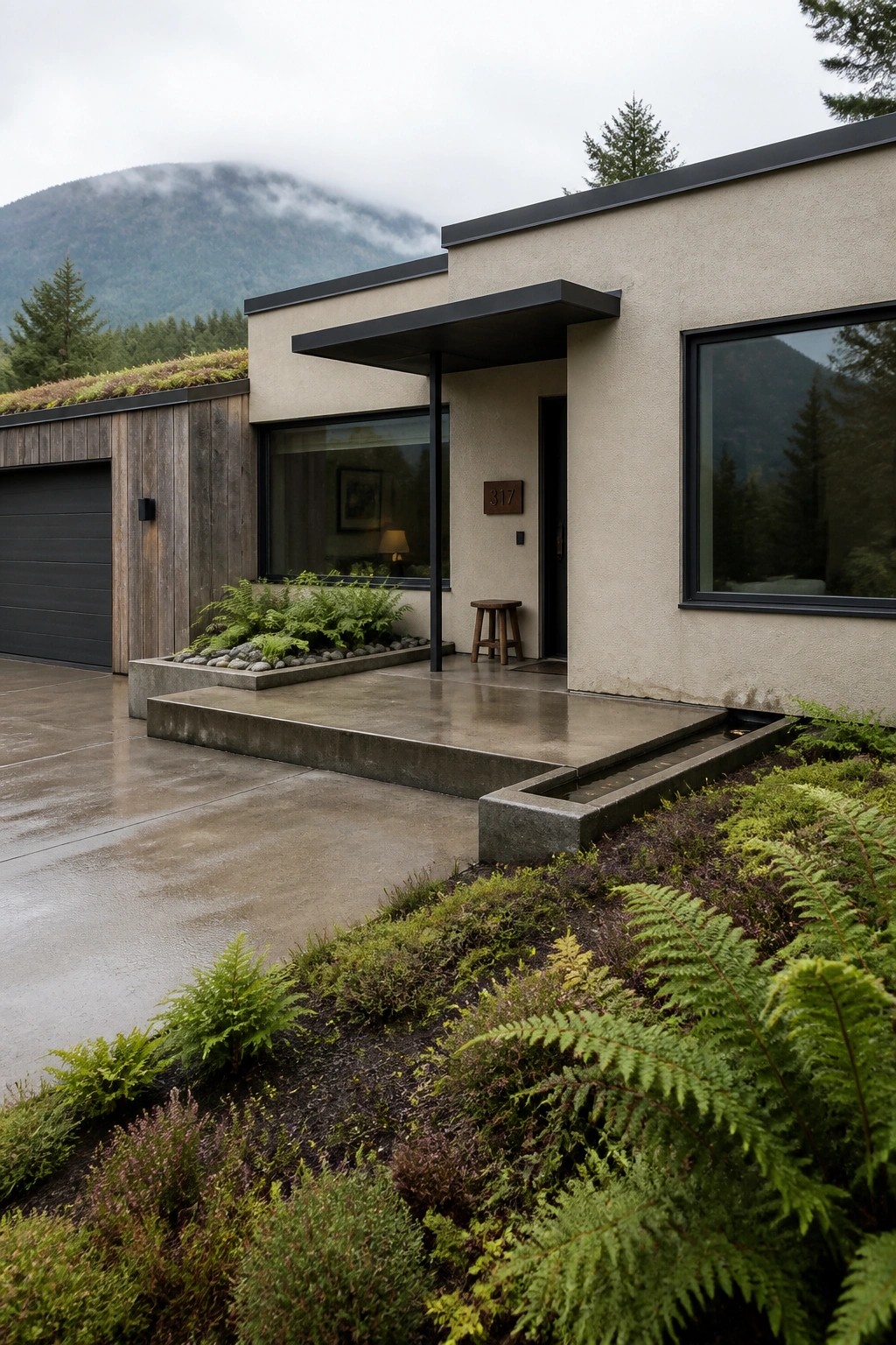 Modern mountain home exterior with beige stucco walls, black window frames, a concrete entry platform with integrated planters containing ferns, and a dark garage door on the left.