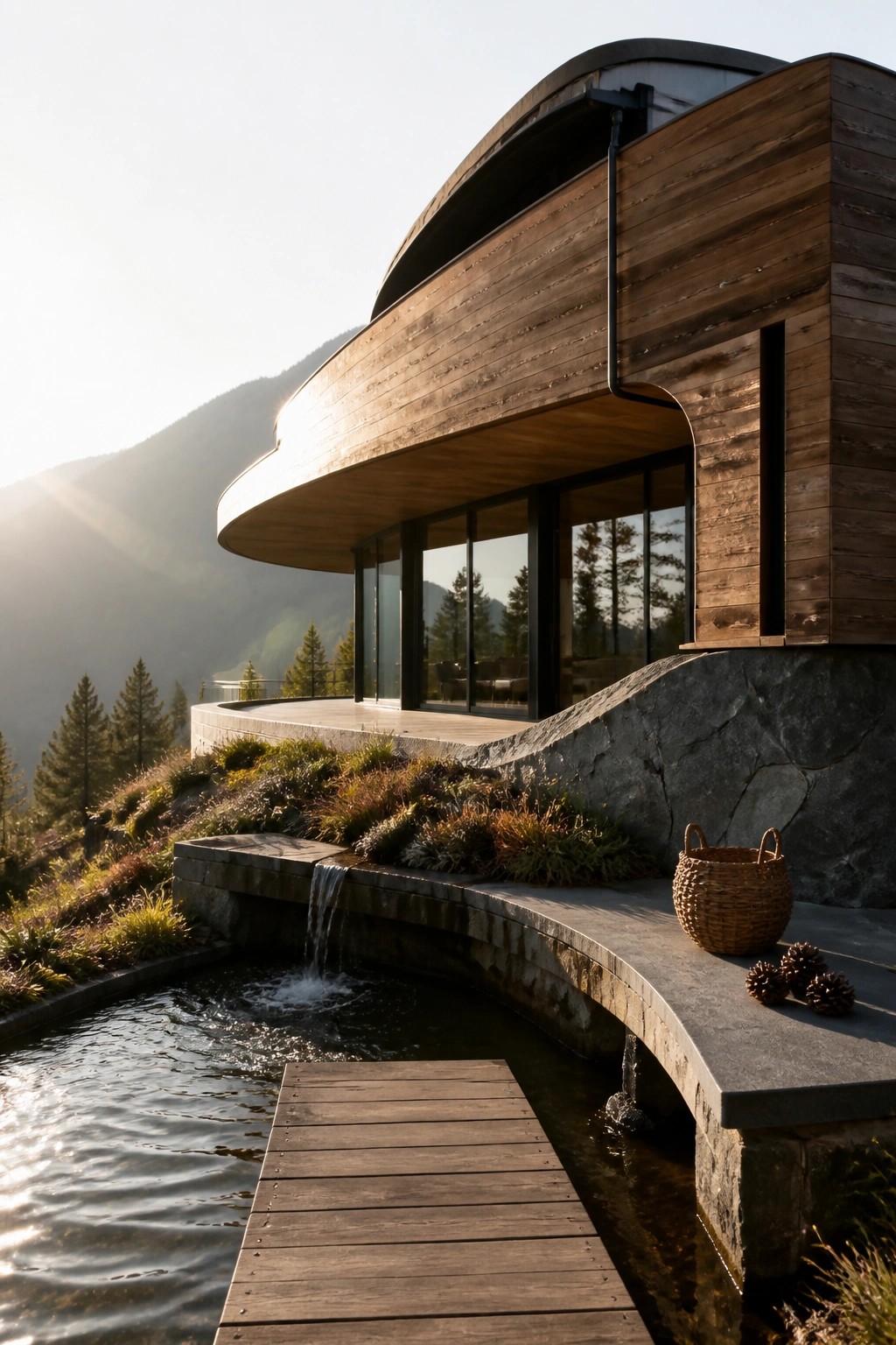 A modern wooden home with a long curved facade sits above a stone base next to a small pond with a wooden walkway.