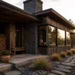 A modern mountain home exterior featuring wood siding, stone pillars and chimney, large windows, a stone pathway, and surrounding trees and shrubs.