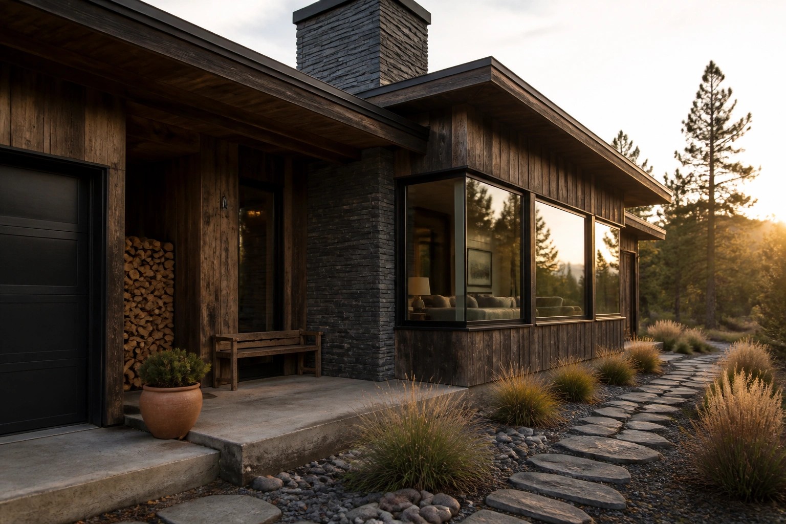 A modern mountain home exterior featuring wood siding, stone pillars and chimney, large windows, a stone pathway, and surrounding trees and shrubs.
