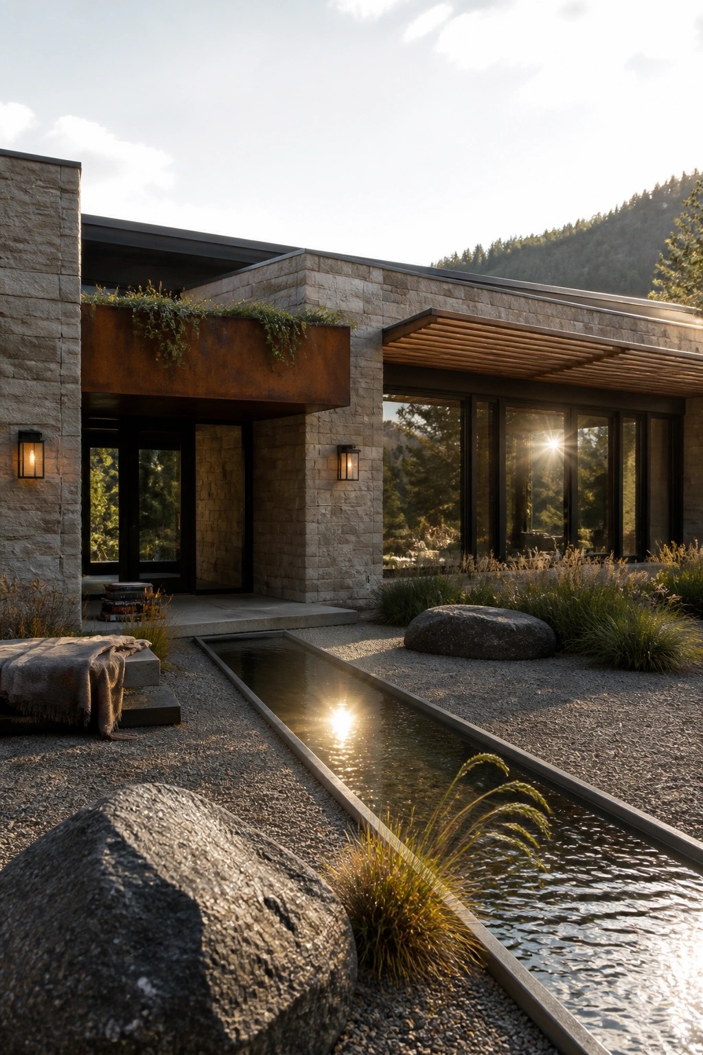 A contemporary mountain home exterior featuring stone walls, a rusted metal overhang, dark-framed windows, and a long water channel running through gravel landscaping with rocks and grasses.