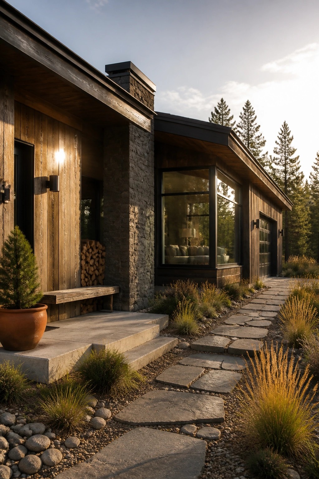 A modern mountain home exterior featuring wood siding, stone pillars and chimney, large windows, a stone pathway, and surrounding trees and shrubs.
