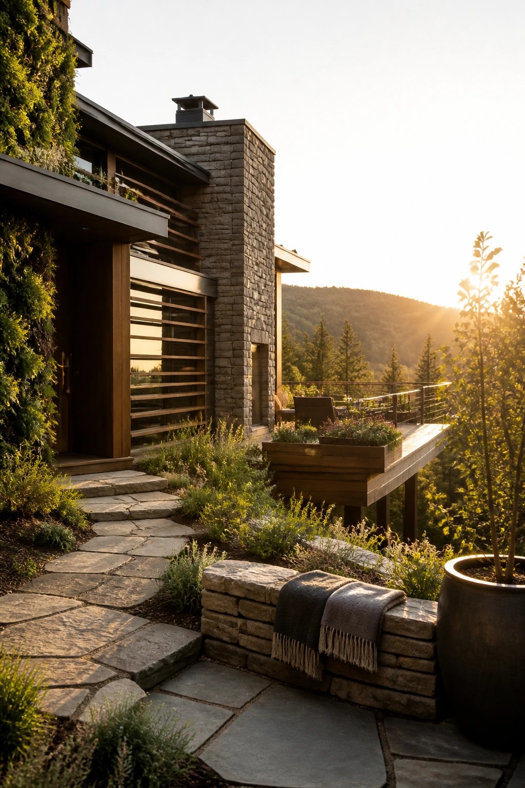 A contemporary mountain home exterior featuring stacked stone walls, wood siding and trim, a stone pathway, and a wooden deck overlooking forested hills at sunset.