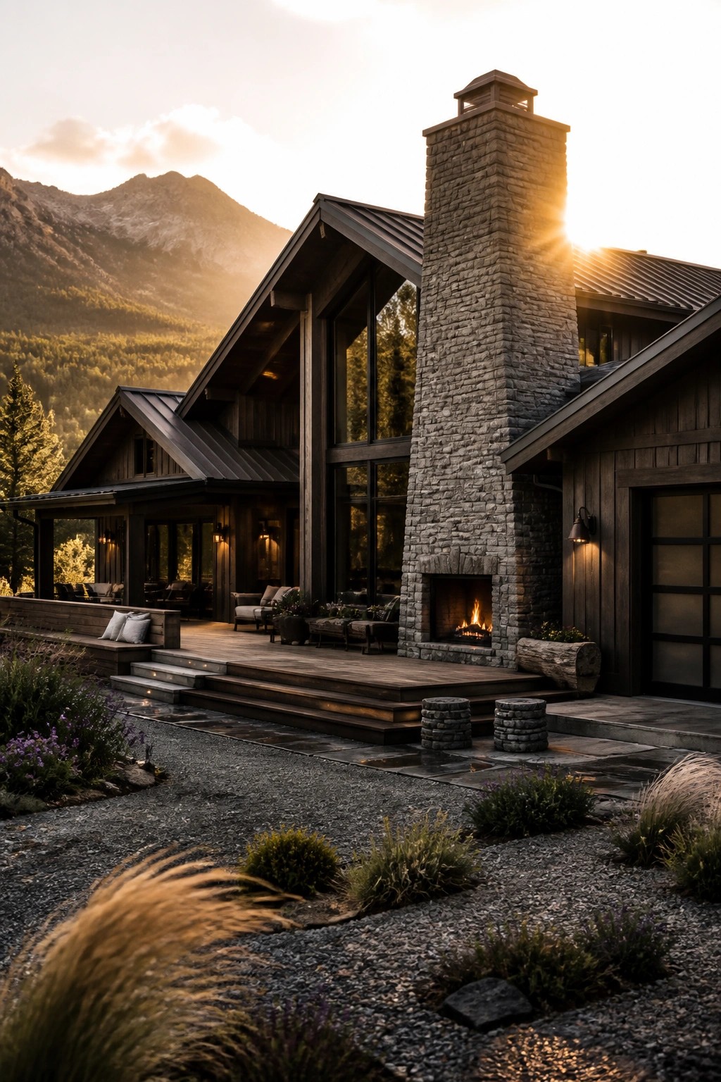 A contemporary mountain home exterior featuring dark wood siding, a tall stone chimney with a lit fireplace, a wooden deck, and mountain views at sunset.