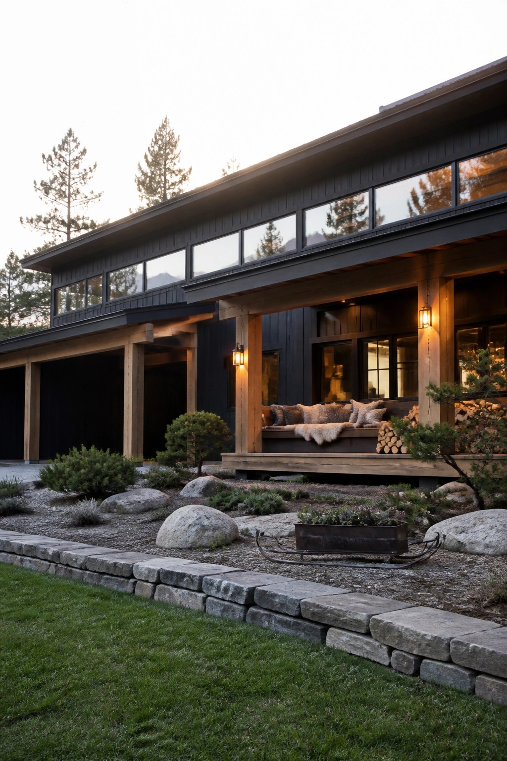 Modern dark timber house with large windows, wooden porch, and rocky garden.
