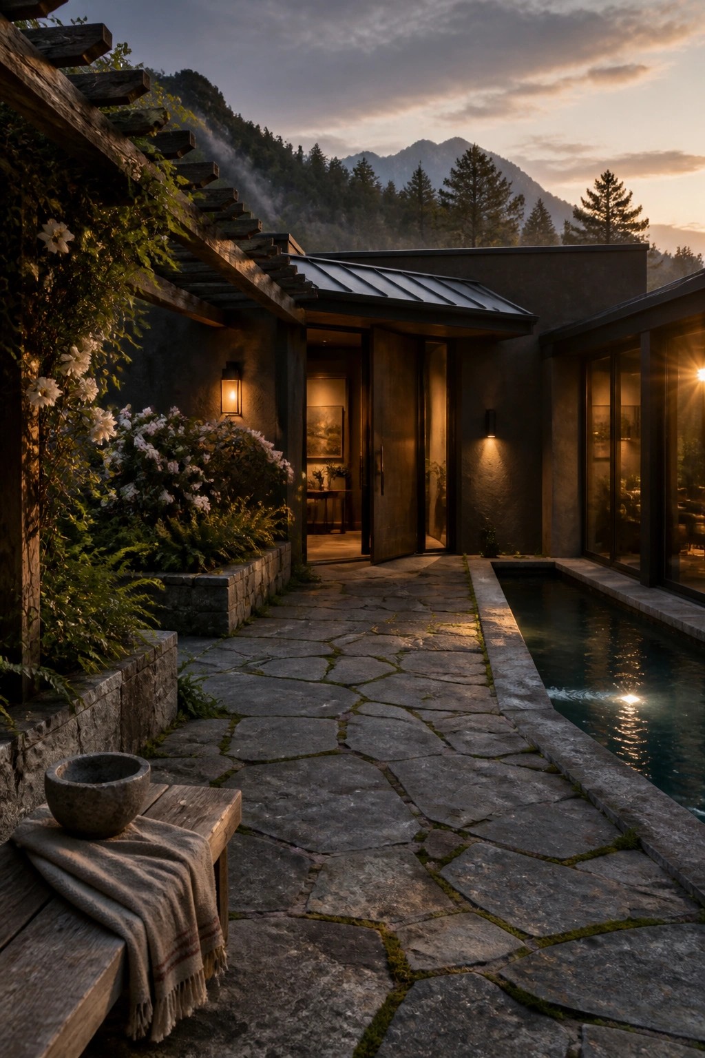A stone pathway runs alongside a narrow pool and leads to an open door of a modern house, with flowering plants on the left and a wooden bench in the foreground.