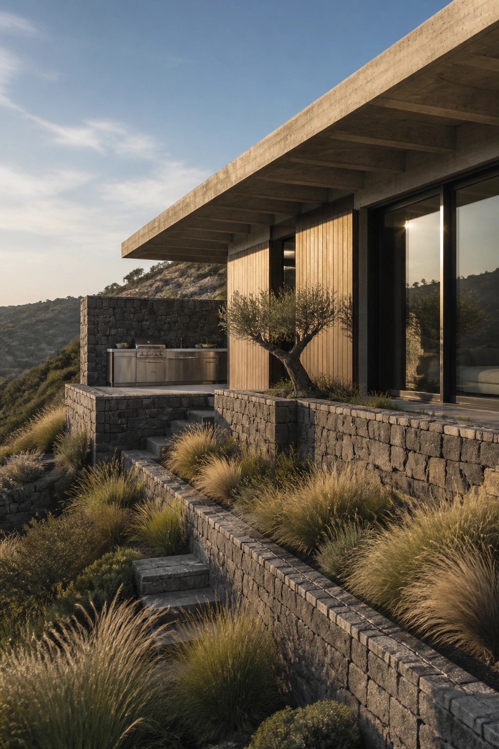 Modern house exterior with a large cantilevered concrete roof overhang, stone walls, wood siding, an outdoor kitchen area, and terraced landscaping on a hillside.