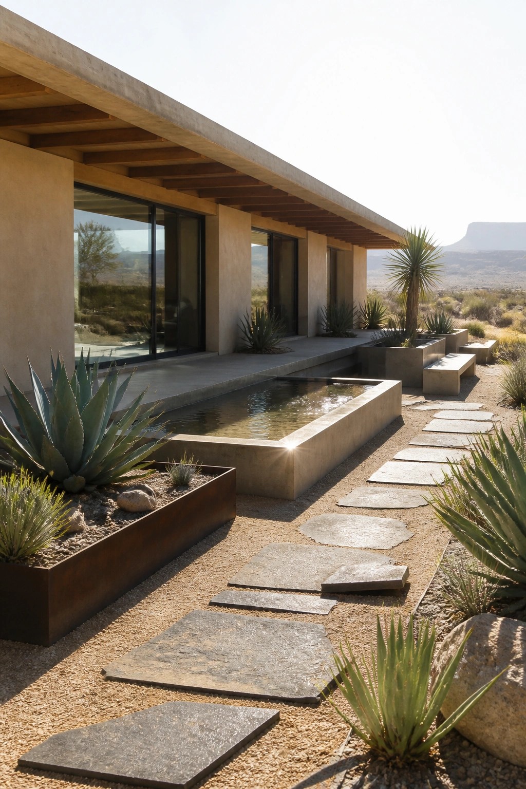Modern single-story house with extended flat concrete roof, large windows, reflecting pool, and stone pathway in a desert landscape.