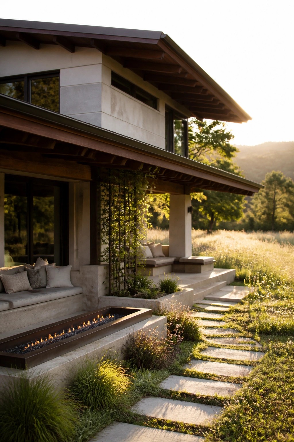 A modern house with a wide overhanging roof, concrete and wood exterior, outdoor built-in seating, a linear fire pit, and a stone path through grass.