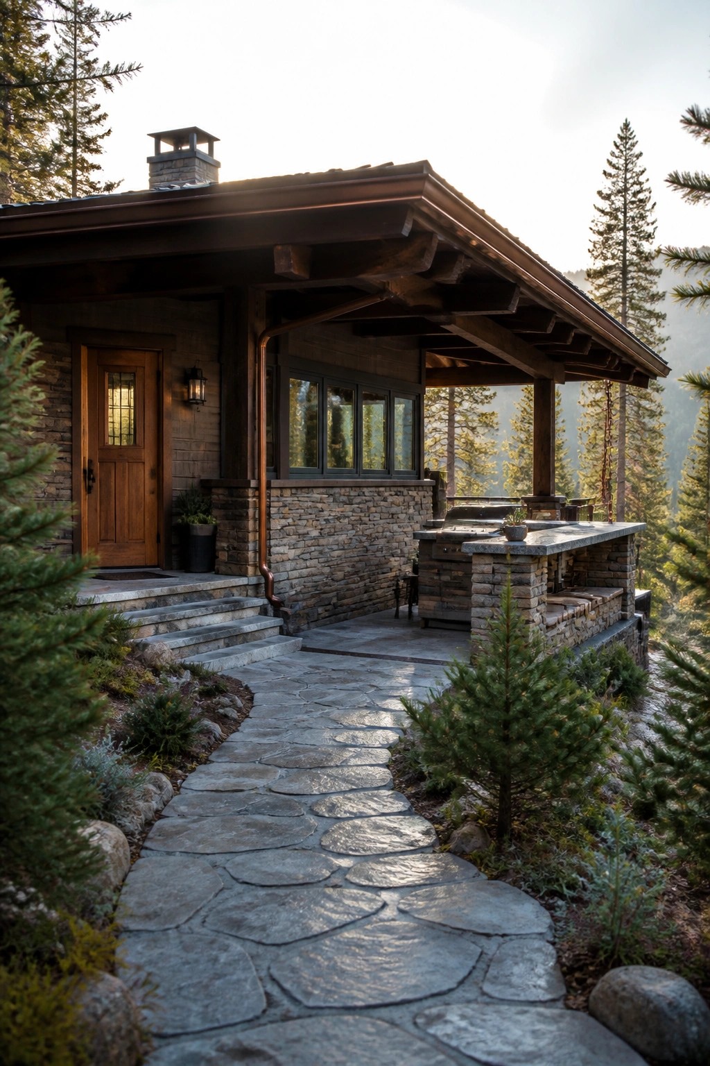 A single-story house with a low-pitched roof and wide overhangs, stone and wood exterior, stone pathway leading to a covered porch area with an outdoor kitchen.