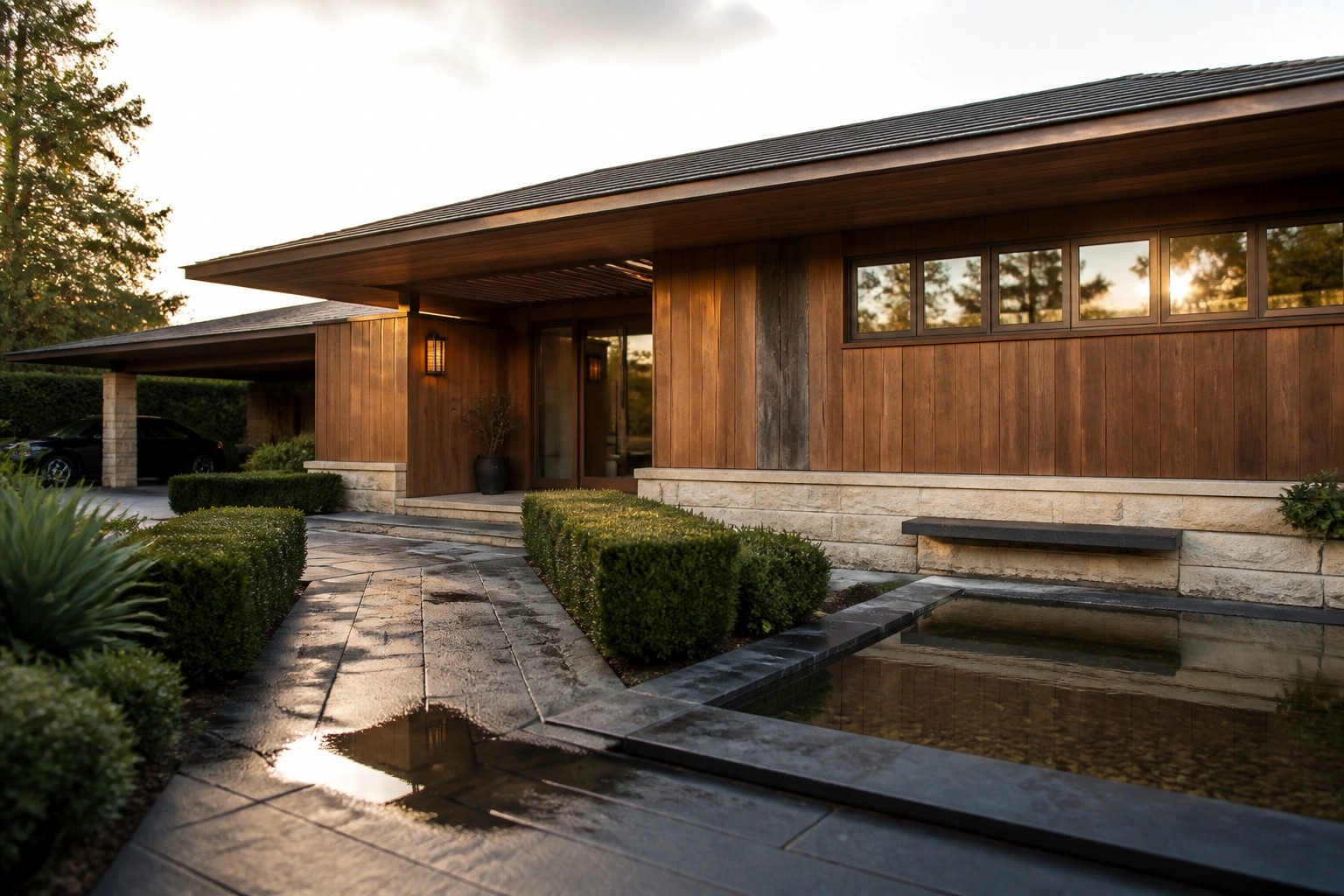 A modern single-story house with a low extended wooden roof, horizontal windows, and a stone base next to a reflecting pool.