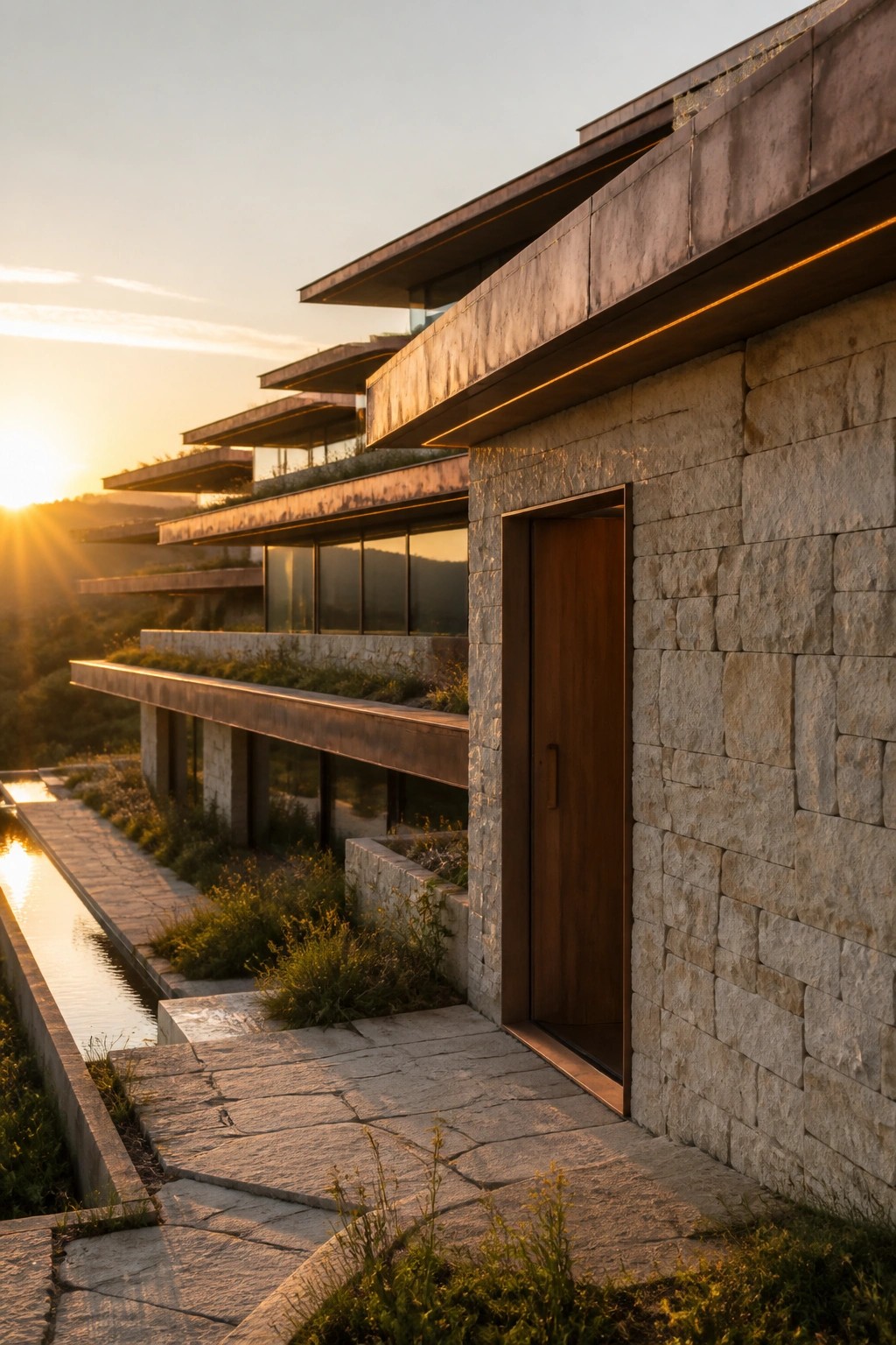 Modern stone building with wooden door, water channel and terraced levels at sunset.