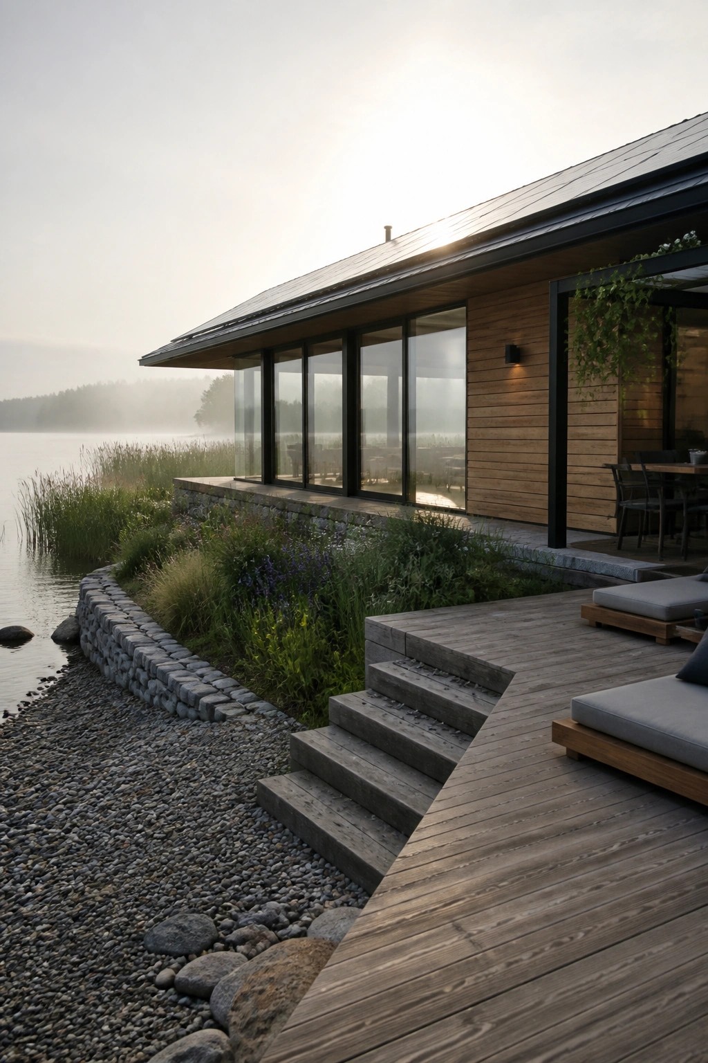 Modern house with a long low-sloping dark roof, large windows, and a wooden deck beside a lake at dawn.