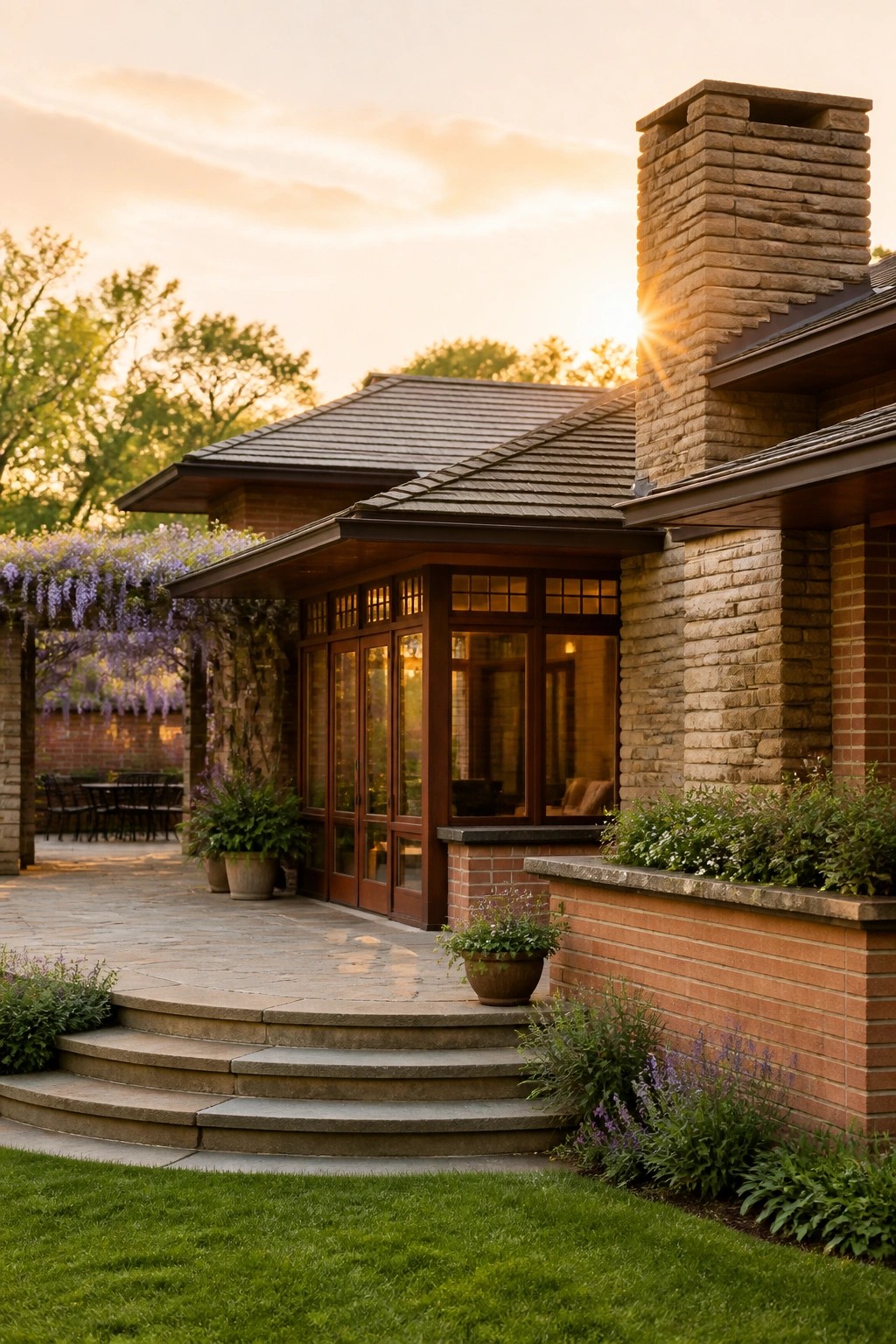 Brick house with stone chimney, wooden windows, stone patio, and wisteria at sunset.