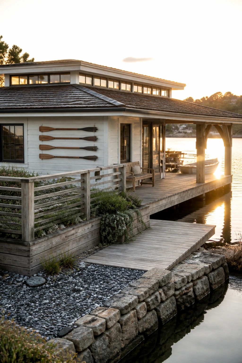 A white house with a long horizontal roofline and wooden deck extending over calm water at sunset, with oars mounted on the siding.
