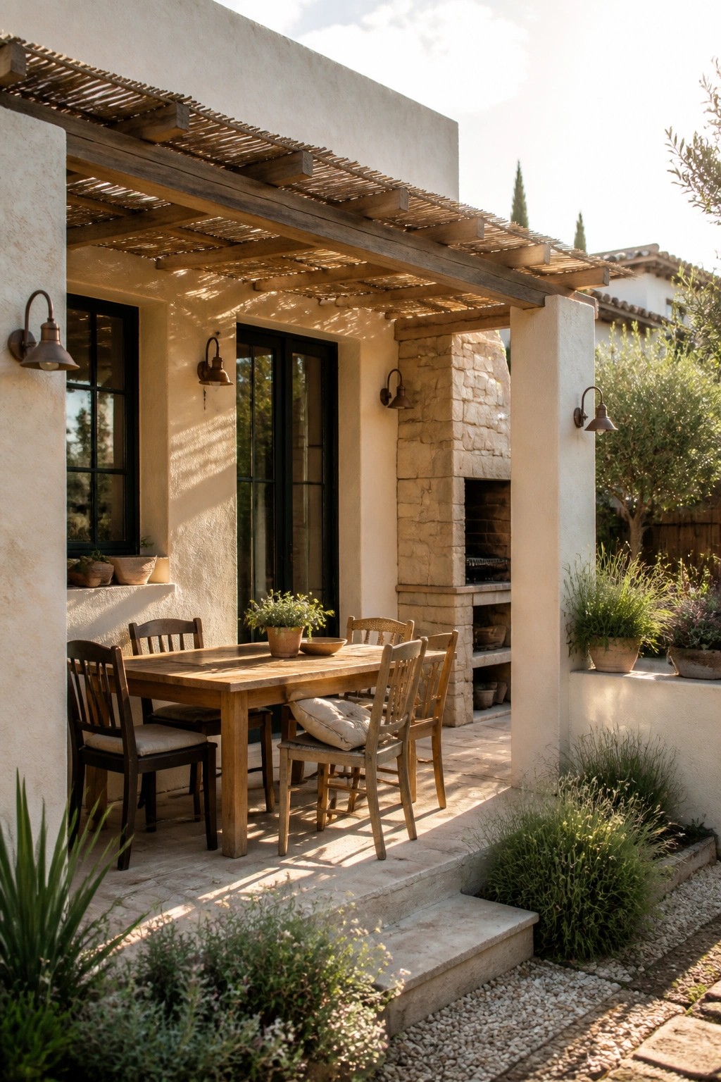 Stone fireplace built into a stucco wall beside a wooden dining table and chairs under a reed-covered pergola on a Mediterranean-style house.