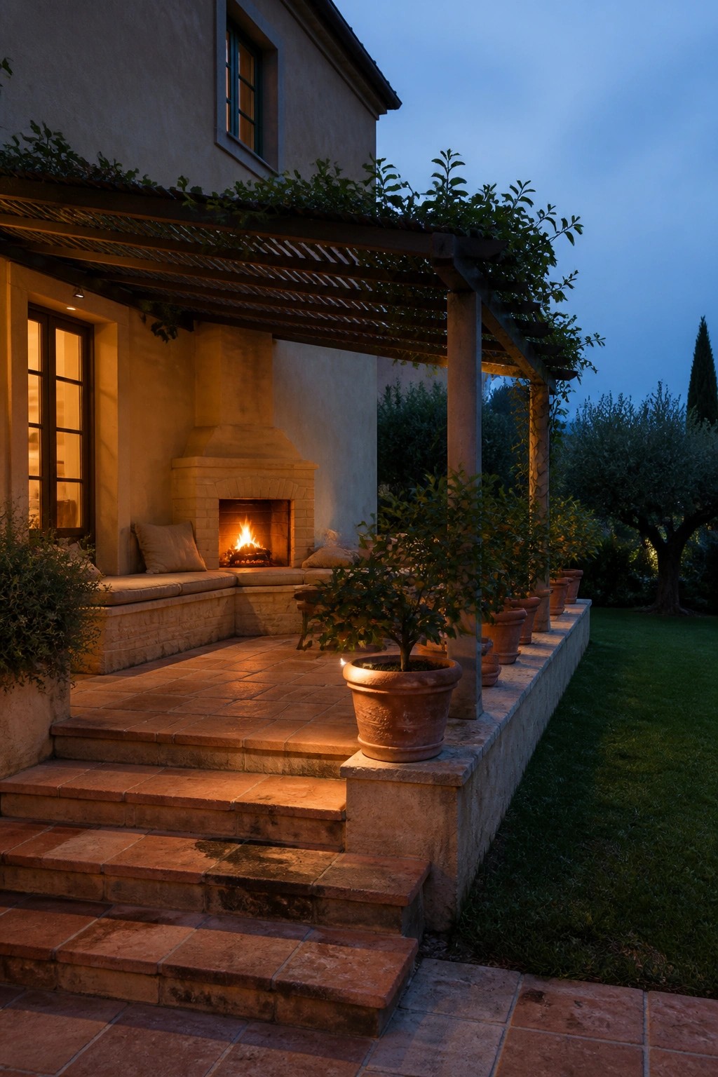 A stucco house exterior with a covered patio, built-in fireplace, pergola, terracotta pots, and stone steps at dusk.