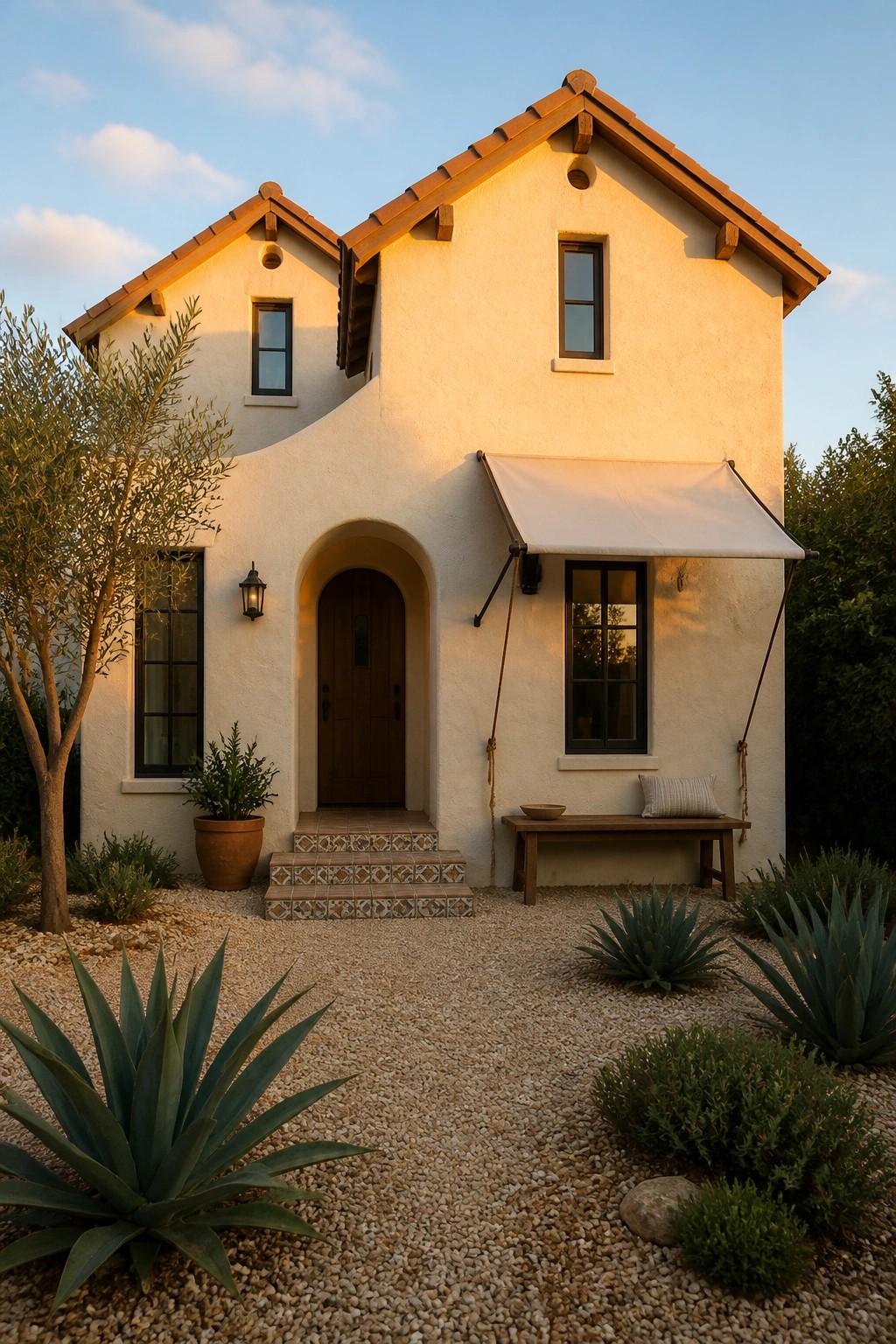 A small two-story stucco house with a terracotta roof shows an arched entry with a wooden door, a side window under an awning, and gravel landscaping with agave plants in the foreground.